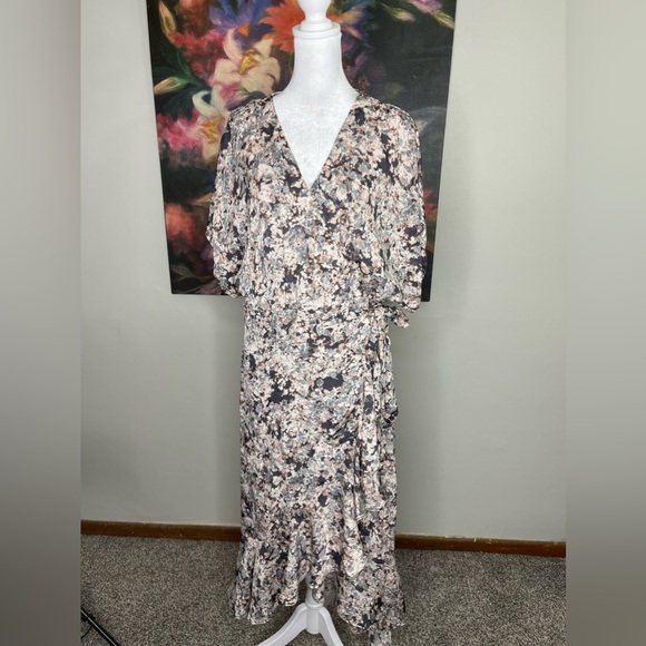 Lovestitch Beige Floral Kimono Sleeves Wrap Maxi Ruffle Romantic Dress Sz L - Picture 1 of 12